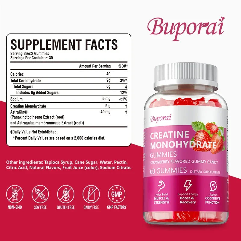 Creatine Monohydrate Gummies - Increase Lean Muscle, Natural Energy & Cognitive Function, Relieve Muscle Soreness, Gluten Free