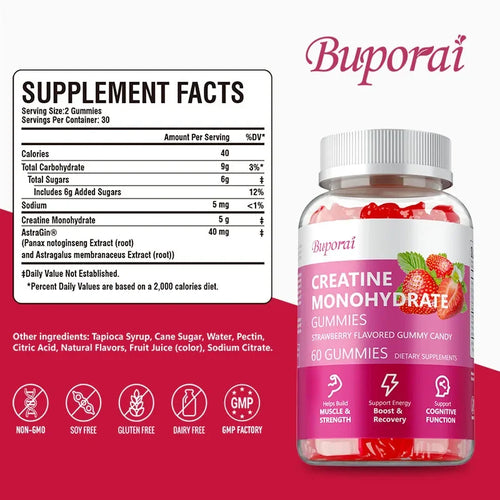 Creatine Monohydrate Gummies - Increase Lean Muscle, Natural Energy & Cognitive Function, Relieve Muscle Soreness, Gluten Free