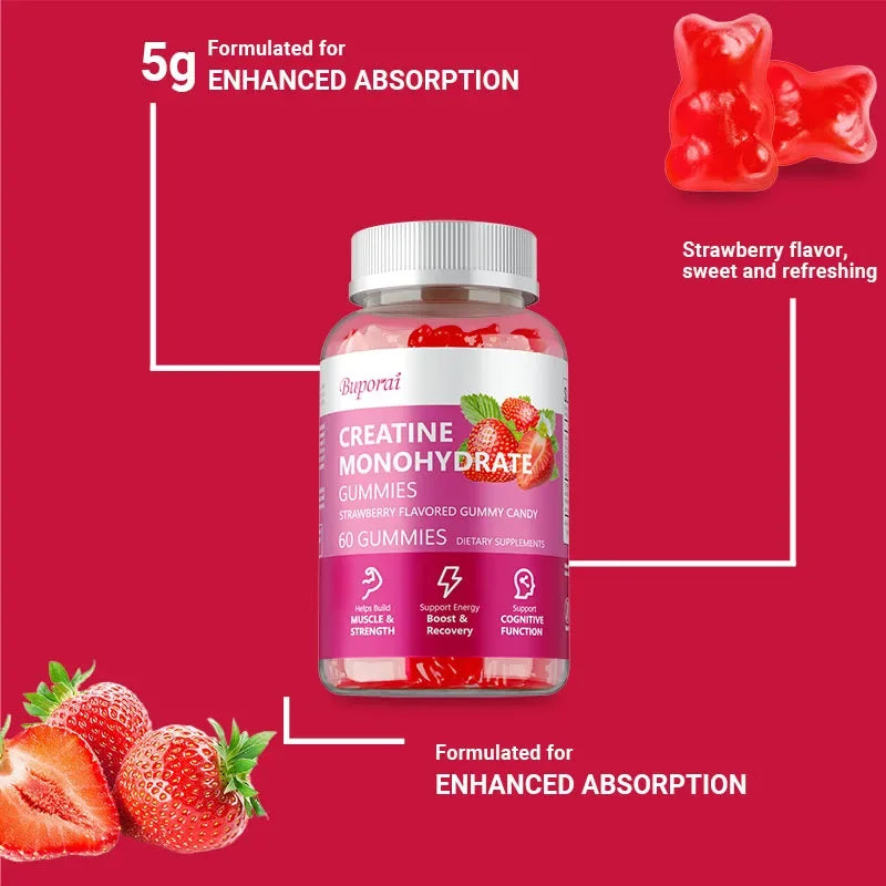 Creatine Monohydrate Gummies - Increase Lean Muscle, Natural Energy & Cognitive Function, Relieve Muscle Soreness, Gluten Free