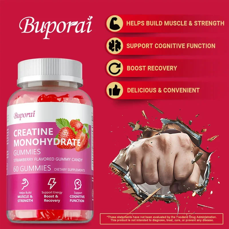 Creatine Monohydrate Gummies - Increase Lean Muscle, Natural Energy & Cognitive Function, Relieve Muscle Soreness, Gluten Free